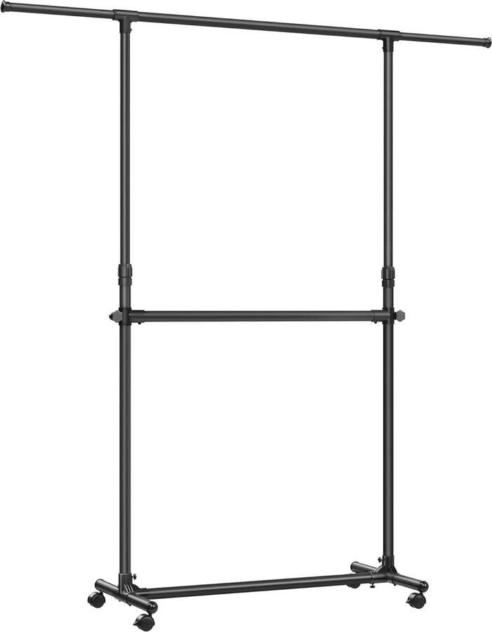 Kledingrek met 2 kledingstangen uitschuifbare kledingstang met wielen verstelbare hoogte tussen 113 en 180 cm onderste rail verstelbaar zwart