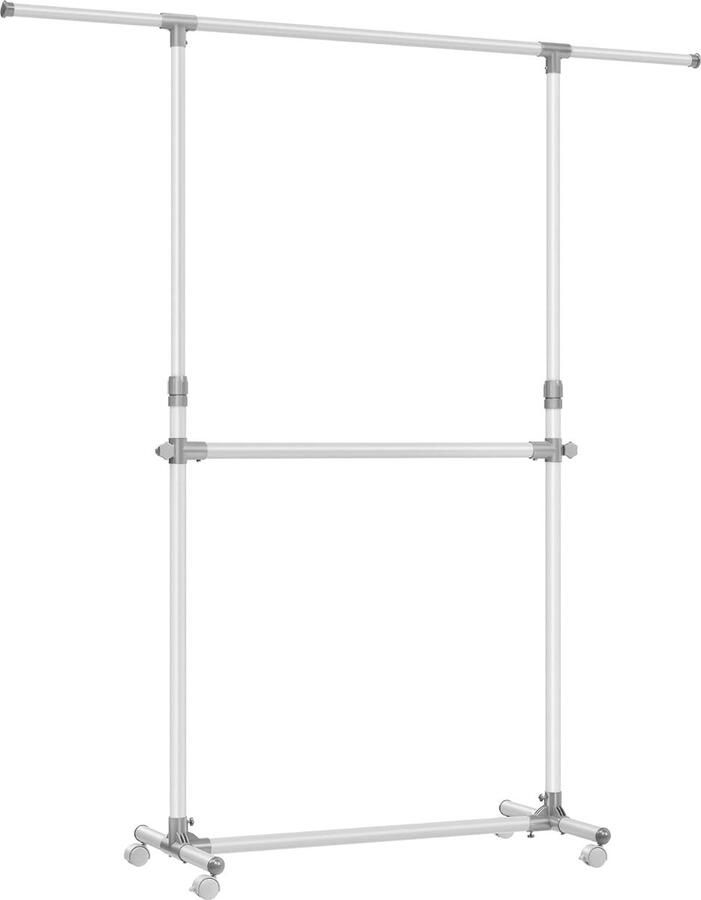 Kledingrek met 2 kledingstangen uittrekbare garderobestang met wieltjes in hoogte verstelbaar tussen 113 en 180 cm onderste stang verstelbaar wit