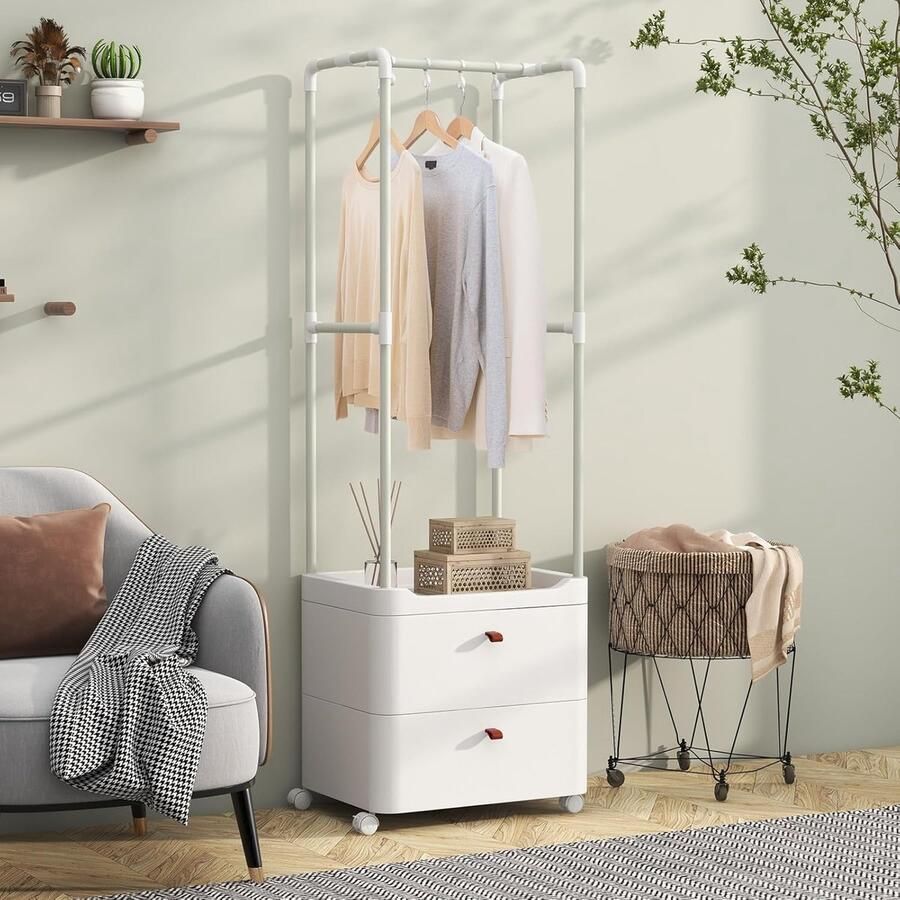 Kledingrek met 2 laden kapstok wit met vergrendelbare wielen mantelhouder met kledingstang legplanken en 4 afneembare haken voor hal slaapkamer 52 x 40 x 161 cm
