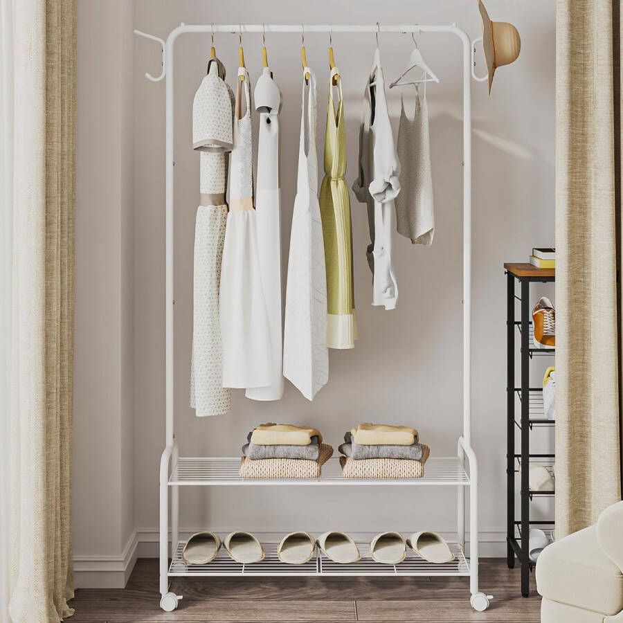 Hzuaneri 2 in 1 Design Clothes Rack with 2-Tier Storage Shelf 4 Wheels Coat Rack with 4 Hooks for Bags White GR07416W