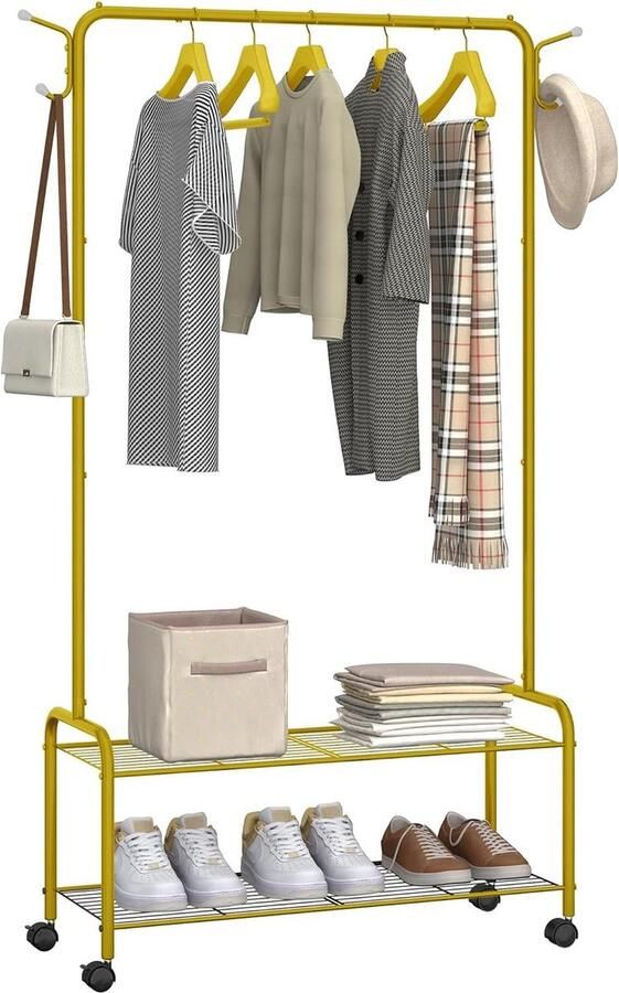 Kledingrek met 2-traps opbergvak en 4 wielen 3-in-1 design voor kledingopslag kapstok met 4 haken zwart GR07499A