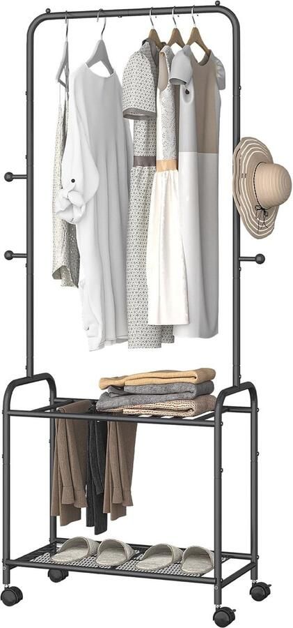 Kledingrek met 2-traps opbergvak en 4 wielen Ruimtebesparende kapstok en schoenenrek