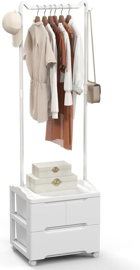 Kledingrek met 3 laden oprolbare kapstok met haken aan de zijkant en kledingstang vrijstaande kaphouder wit voor slaapkamer woonkamer 46 x 38 x 157 cm