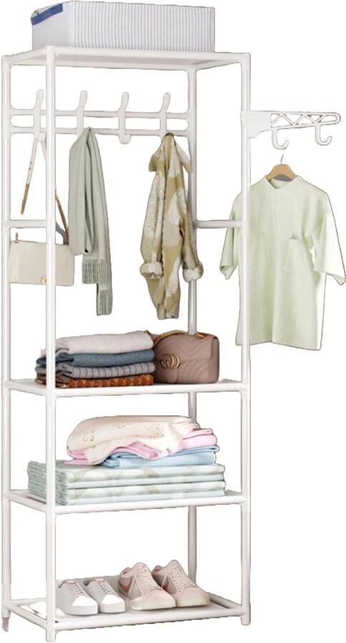 Ceruzo Kledingrek met 3 legplankjes 55 x 36 x 170 cm- Metaal Garderoberek Ophanghaken- Wit