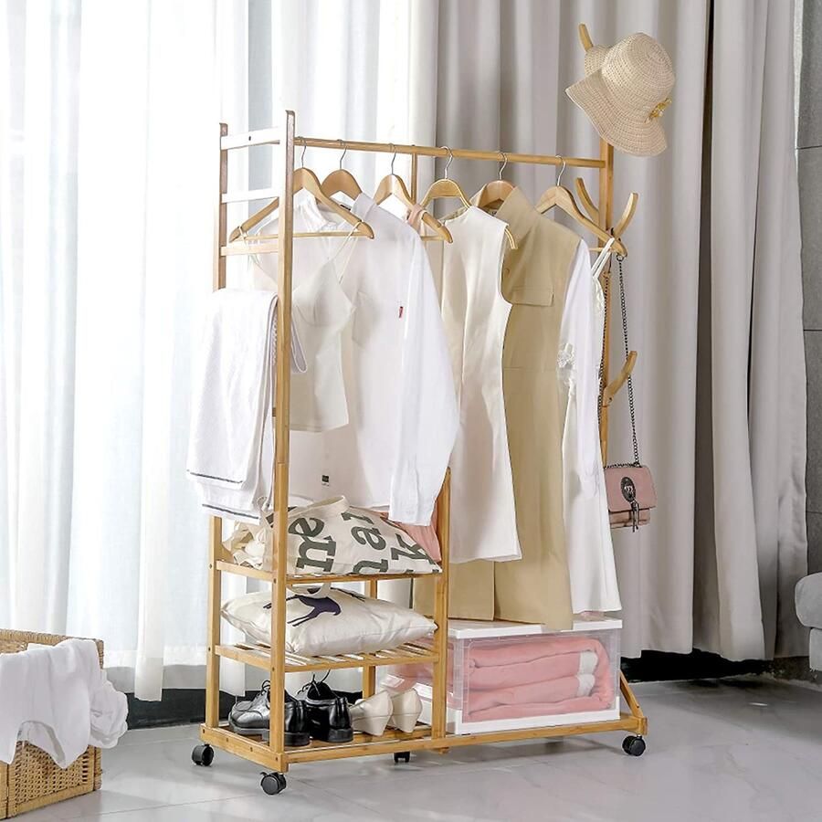 Kledingrek met 5 universele wielen met kledingstang Kapstok Grotere opbergruimte