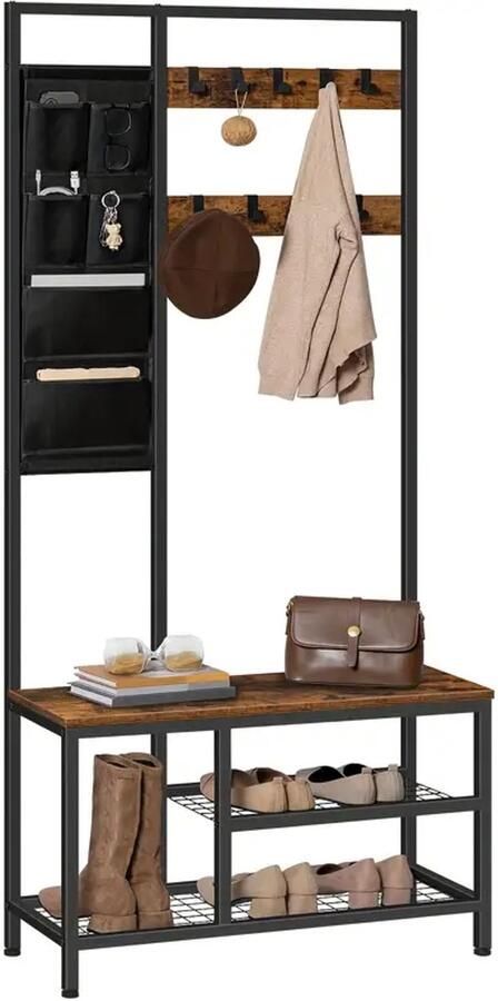 Kledingrek met 6 Zakken en 9 Haken – Schoenenrek met Bank en Veel Opbergruimte – Vintage Bruin Zwart – Voor Hal Woonkamer & Entree