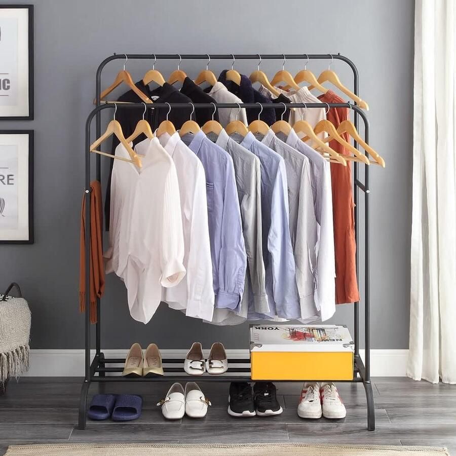 Kledingrek met dubbele rails met planken metalen hangende droge kledingrail voor hangende kleding met Top Rod Organizer Shirt en onderste opbergplank voor dozen schoenen laarzen
