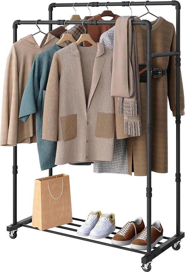 Kledingrek met dubbele stang op wielen kledingrek in industriële stijl