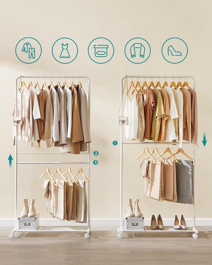 Kledingrek met dubbele stang op wielen metalen kledingstang voor slaapkamer 91 cm lang met opbergplank 2 afsluitbare wielen toprail tot 20 kg wit