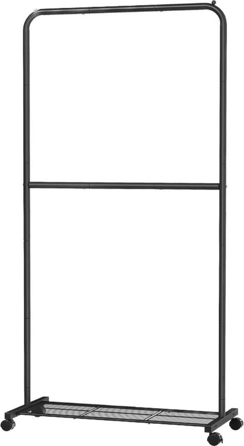 Kledingrek met dubbele stang op wielen metalen kledingstang voor slaapkamer 91 cm lang opbergplank 2 afsluitbare wielen toprail tot 20 kg zwart kledingrek