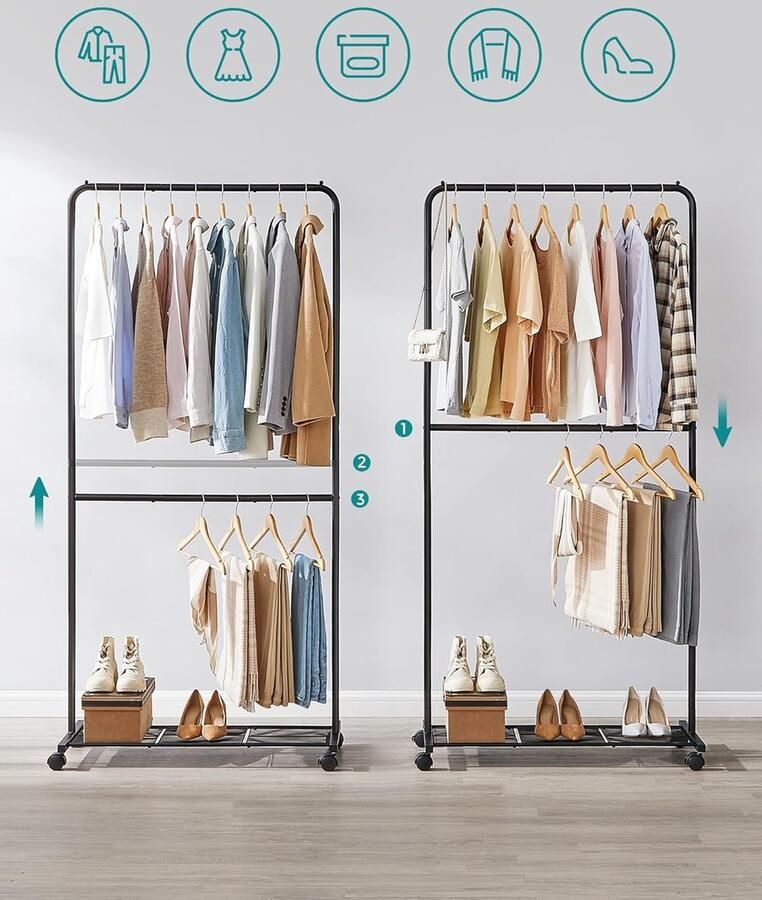 Kledingrek met dubbele stang op wielen metalen kledingstang voor slaapkamer 91 cm lang met opbergplank 2 afsluitbare wielen toprail tot 20 kg zwart