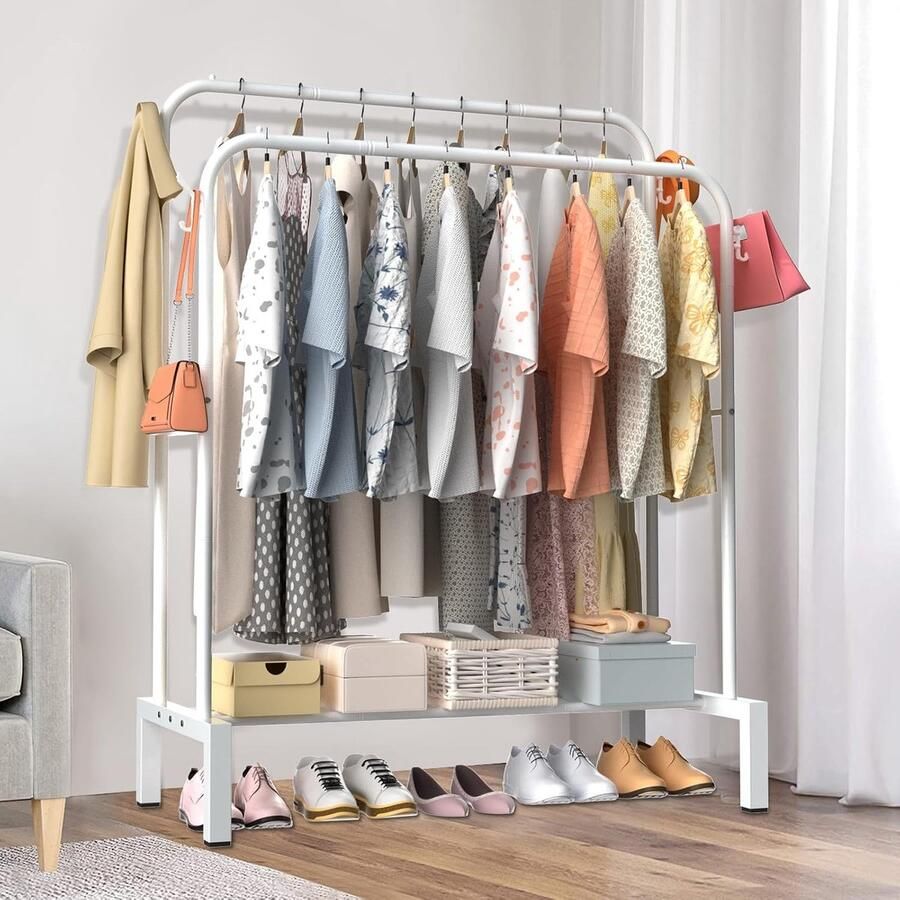 Kledingrek met dubbele stang ruimtebesparend 1 stuk wit 110 x 40 x 150 cm
