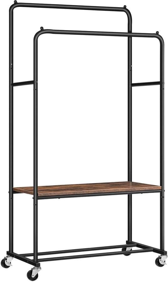 Trankielo Verrijdbaar Kledingrek – Robuust & Stijlvol – Zware Belasting – Dubbele Kledingstangen – Extra Opbergruimte – Donkerbruin-Zwart