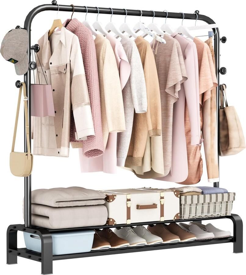 Kledingrek met Kapstok en Schoenenrekken Zwart Stabiele Kledingroede met 6 Haken en 2 Opbergplanken Vrijstaande Kledinghanger voor Slaapkamer