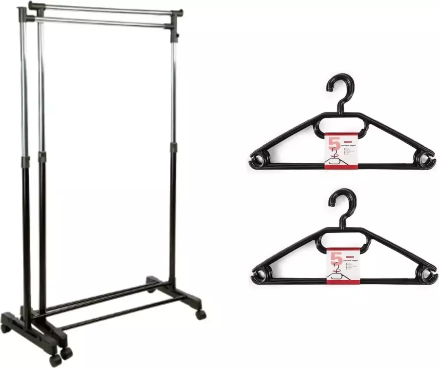 Kledingrek met kleding hangers 2x enkele stang kunststof zwart 162 x 42 x 168 cm