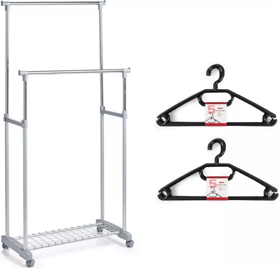 Kledingrek met kleding hangers dubbele stang kunststof grijs 83 x 43 x 107