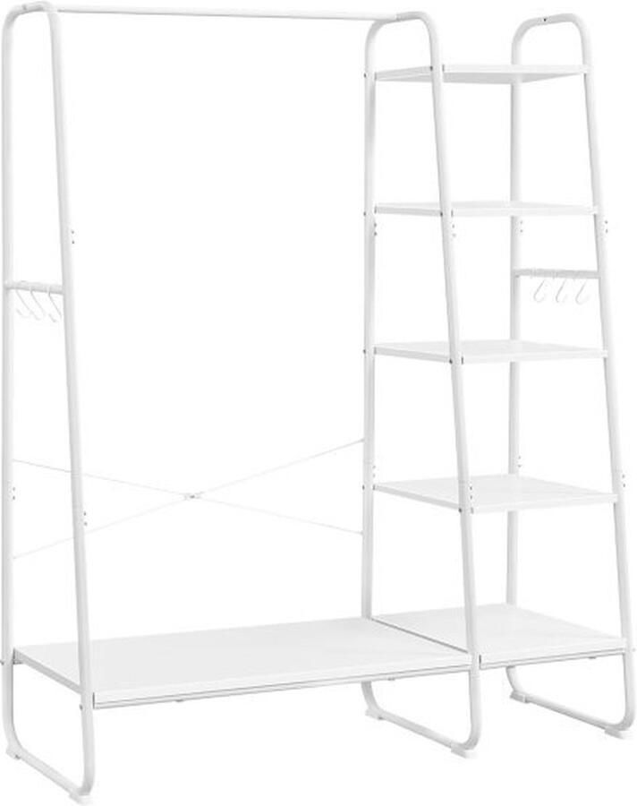 Kledingrek met Kledingstang en Schoenenrek – 6 Haken 5 Planken – Wolkenwit-Mat Wit