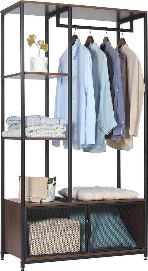 Kledingrek met opbergkast Houten en metalen kapstok voor slaapkamer Industrieel vintage design