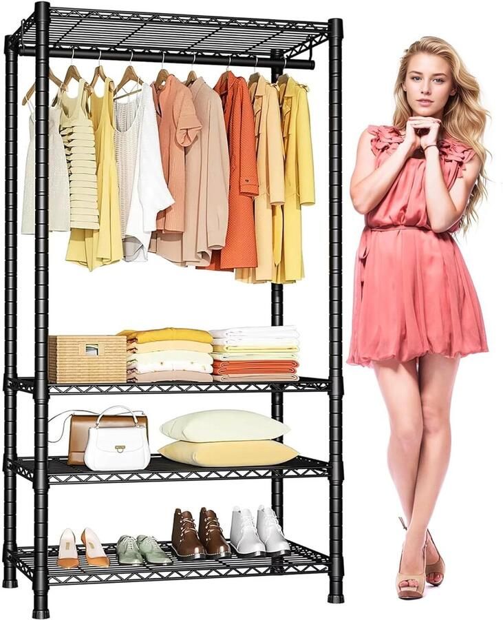 Kledingrek met plank open kledingkast robuuste standaard zwart 90 x 43 5 x 180 cm