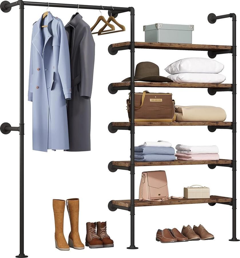Kledingrek met planken garderobe met kledingstang wandmontage vintage industrieel design