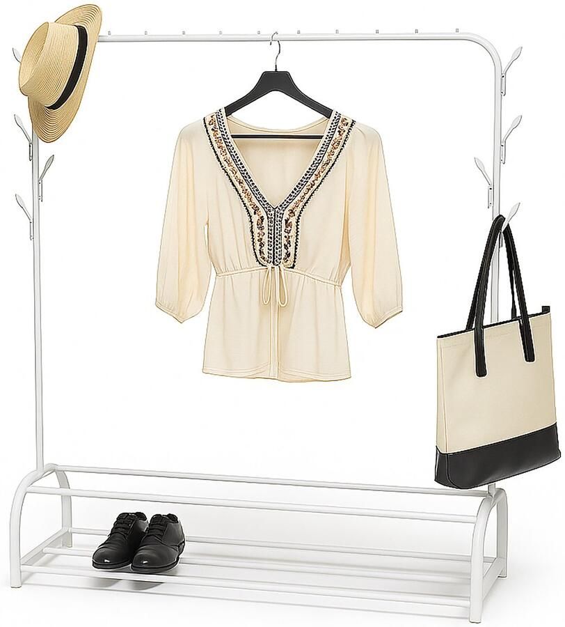 Kledingrek met schoenenrek 158 x 110 x 40 cm 8 haken metaal wit