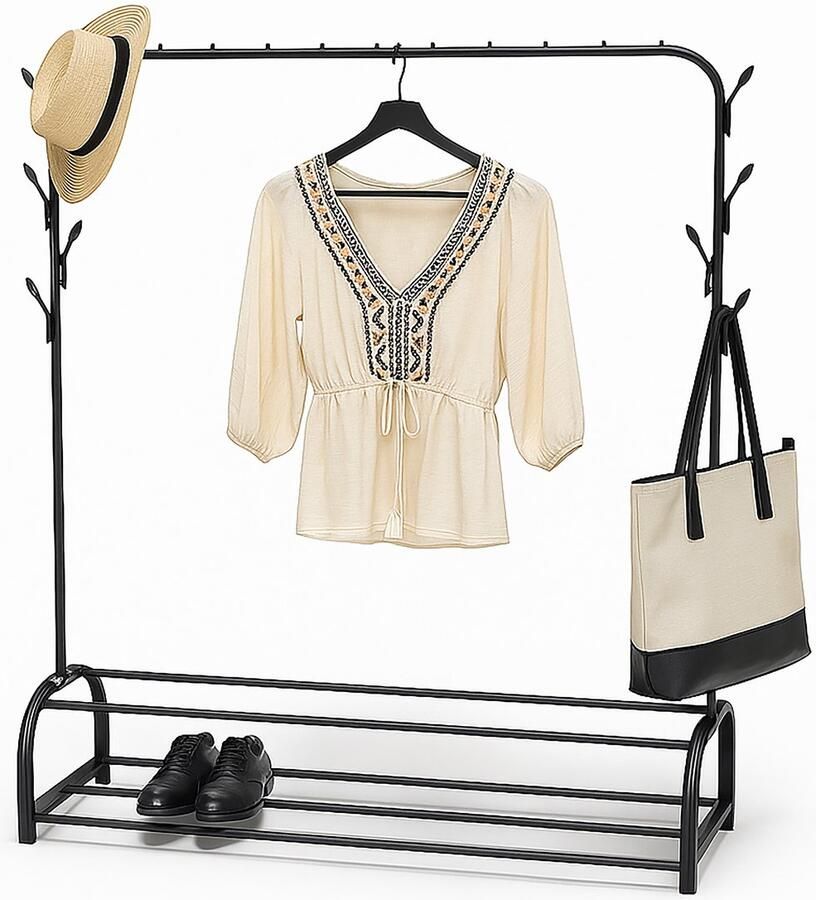 Kledingrek met schoenenrek 158 x 110 x 40 cm 8 haken metaal zwart