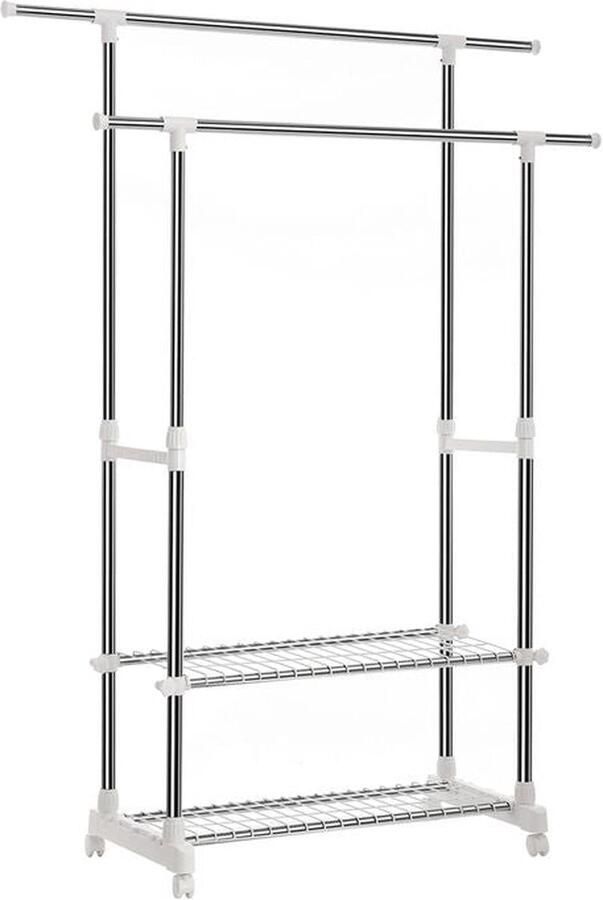 Kledingrek Met Schoenenrek 2 Stangen Industriële Stijl Kapstok Met Wielen Vrijstaande Kledingorganisator Mobiele Kledingopberger Roestvrij Staal PP Kunststof Wit 93 x 36 x 9cm