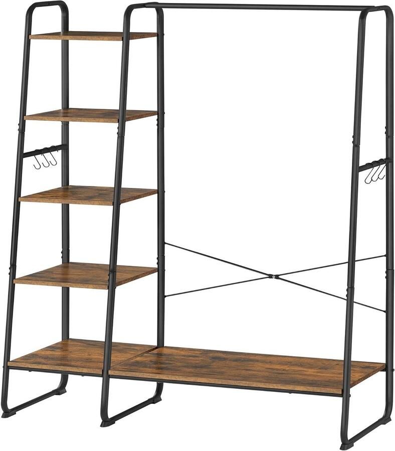 Kledingrek met Schoenenrek 5-Verdiepingen Opbergrek 6 Zijhaken voor Slaapkamer Woonkamer Rustiek Bruin en Zwart RGR116B01