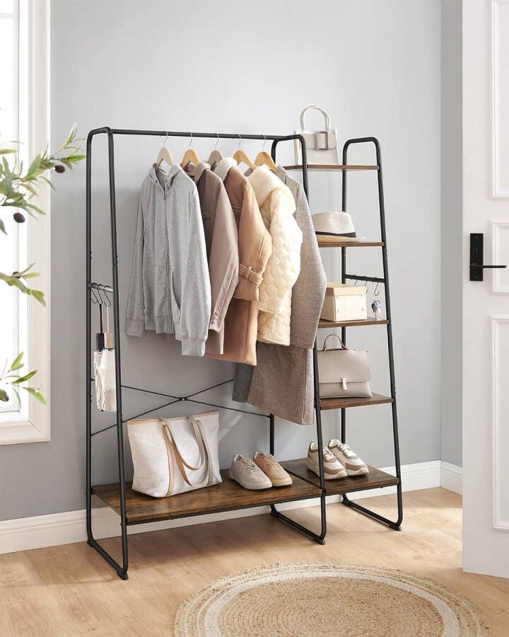 Kledingrek met schoenenrek 5 verdiepingen opbergstandaard 6 zijhaken voor slaapkamer woonkamer rustiek bruin en zwart RGR116B01
