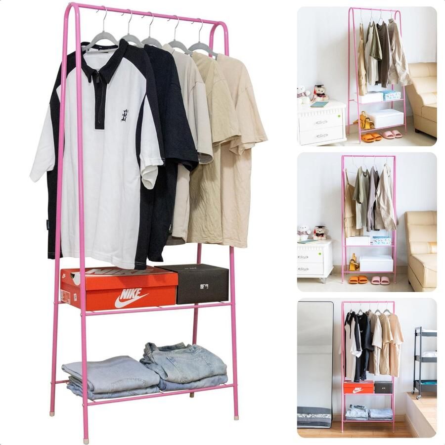 Cheqo Kledingrek met Schoenenrek Garderobe Kledingkast Kleerkast 152 cm Hoog Metaal Roze Makkelijk te Monteren Inclusief EBOOK