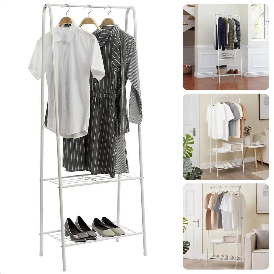 Cheqo Kledingrek Met Schoenenrek Garderobe Opbergrek Metaal 152 cm Hoog Wit Makkelijk te Monteren Inclusief EBOOK