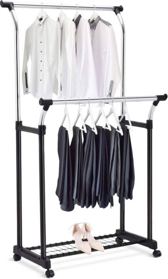 Kledingrek met schoenenrek wasrek met 2 stangen kapstok met wielen garderobewagen van staal rolgarderobe in hoogte verstelbaar