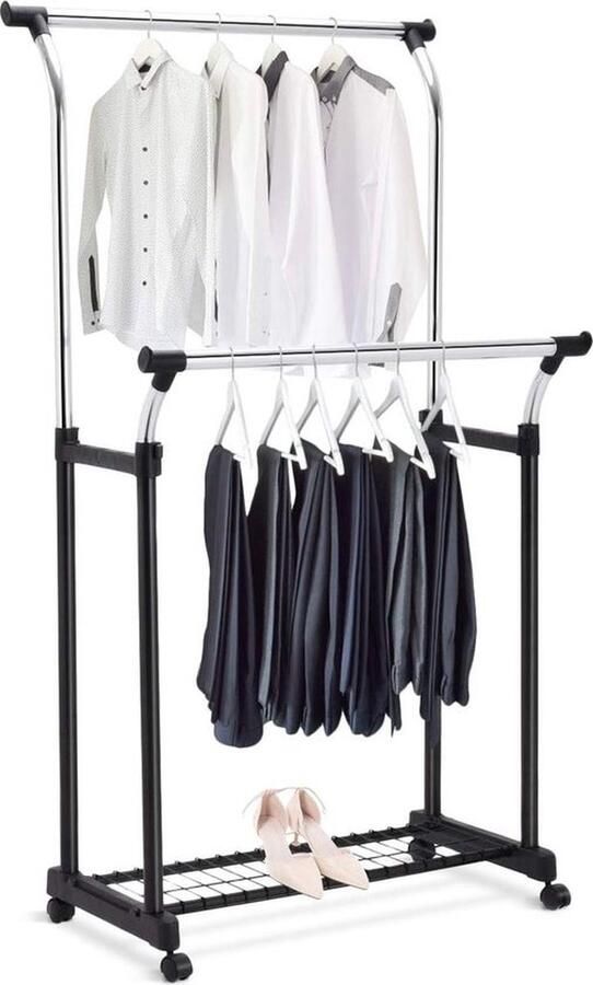 Kledingrek met schoenenrek wasrek met 2 stangen kapstok met wielen garderobewagen van staal rolgarderobe in hoogte verstelbaar