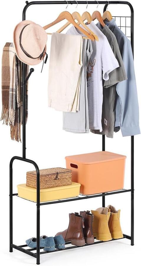 Stabiele kledingstang van metaal Kledingrek met schoenenrek en haken Vrijstaand kledingrek voor mantels overhemden rokken Zwart kledingrek