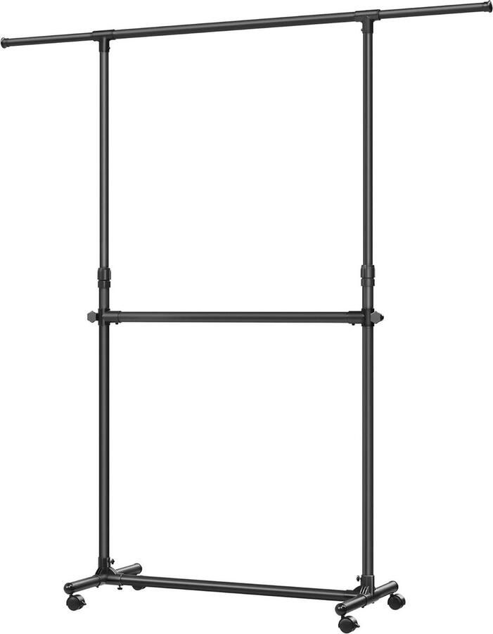 Dubbel Kledingrek met Uitschuifbare Top Rail en Wielen Verstelbaar in Hoogte Zwart Opvouwbare kledingrek