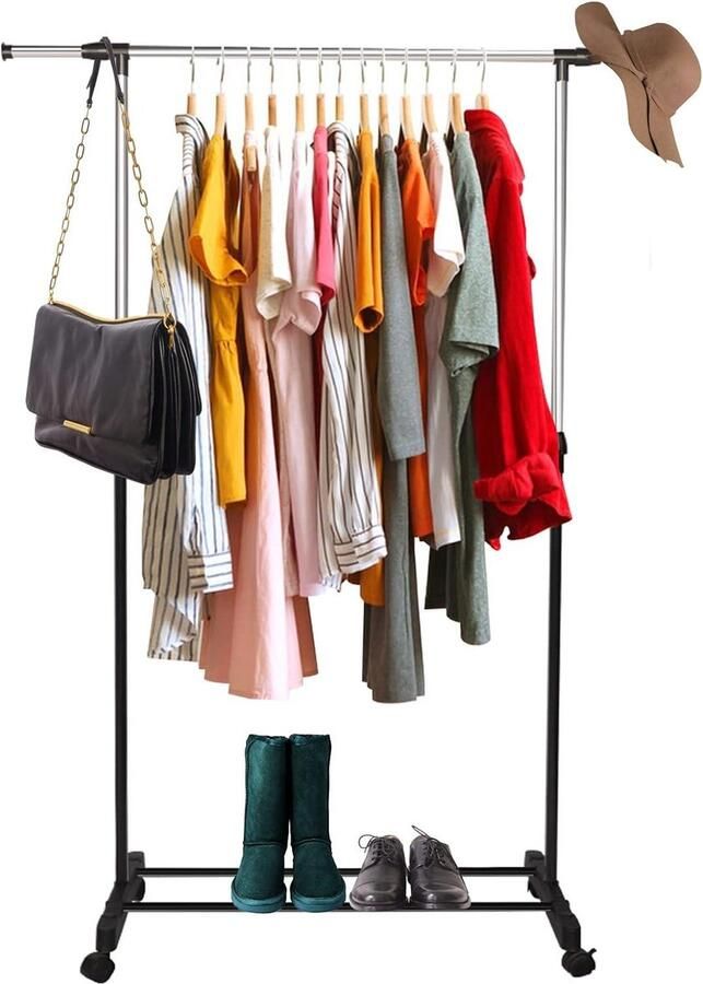 Kledingrek met verstelbare stangen en wieltjes Hoogte 90-160 cm breedte 80-140 cm Voor slaapkamer en balkon Schoenen opbergen Opvouwbare kledingrek