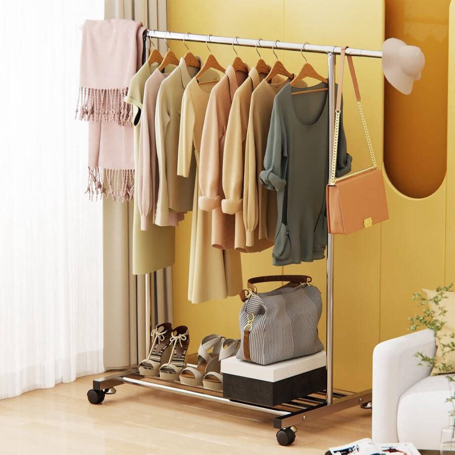 Kledingrek met wielen 100 x 40 x 145 cm Kapstok Stabiel en duurzaam Kledingroede Uitschuifbaar (120-200 cm) Kledingroede Kapstok
