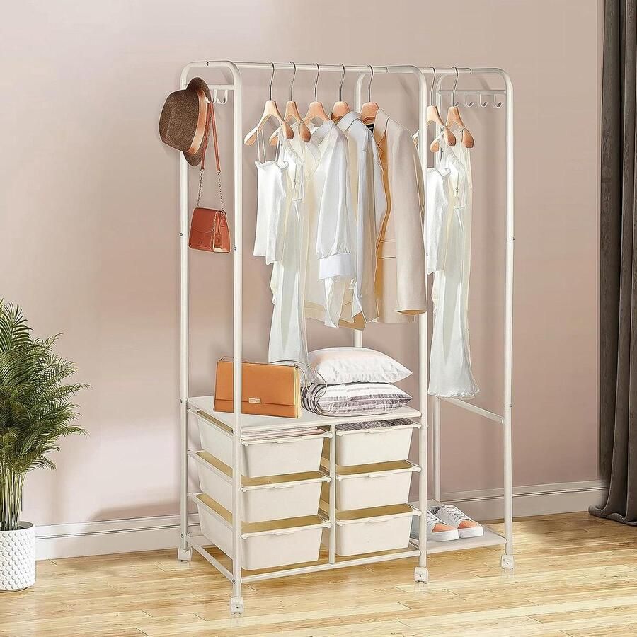 Kledingrek met wielen en haken 4-in-1 kapstok vrijstaand