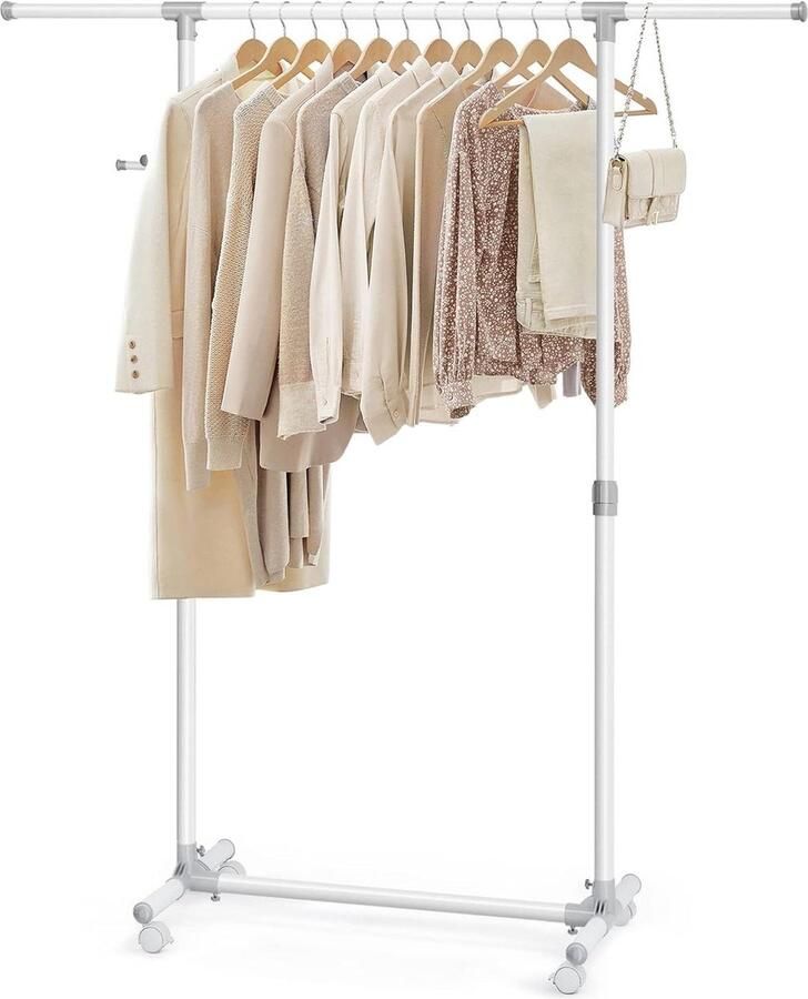 Kledingrek met wielen en in hoogte verstelbaar wit met zijhaken voor accessoires en tassen Opvouwbare kledingrek