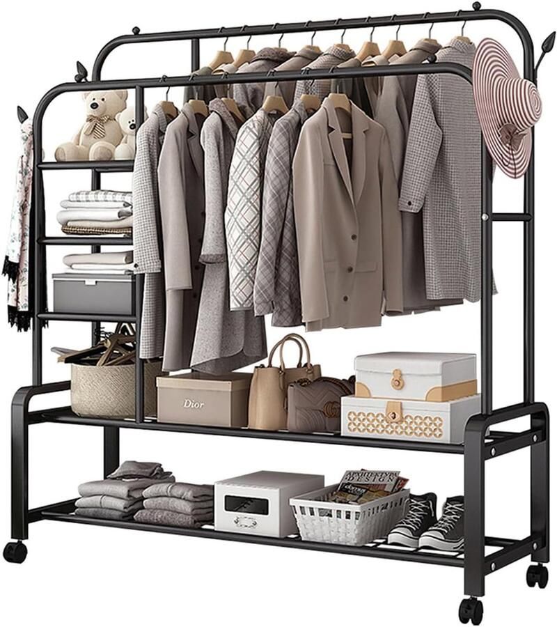Unbranded kledingrek Metaal 150D x 52B x 162H centimeter Laadvermogen 100 kg dubbele stang met 4 haken en opbergplanken met wieltjes zwart - Foto 4