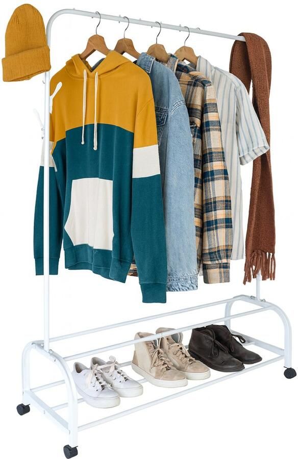 Kledingrek met wieltjes schoenenrek 8 haakjes metaal wit