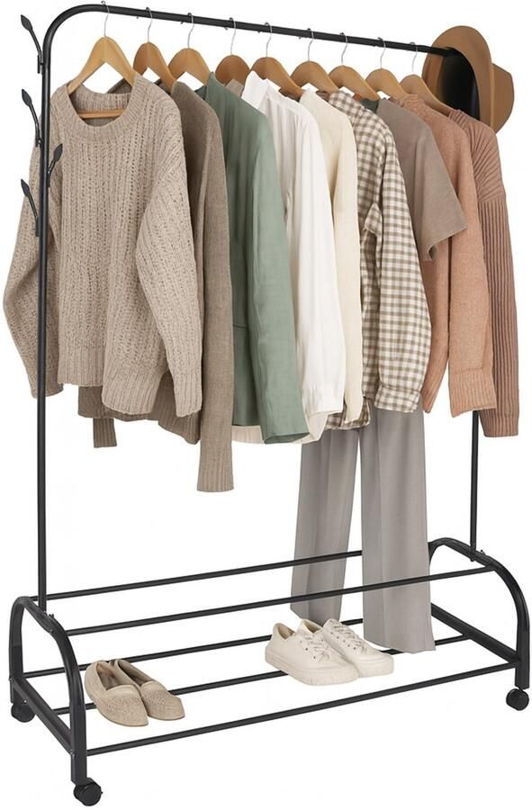 Kledingrek met wieltjes schoenenrek 8 haakjes metaal zwart