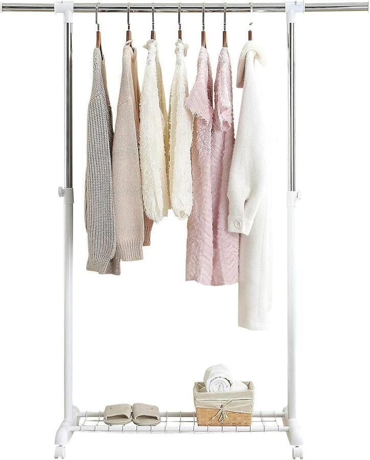 Kledingrek met wieltjes tot 25 kg belastbaar uittrekbaar garderoberek metaal draagbaar en eenvoudig te monteren (wit) Opvouwbare kledingrek