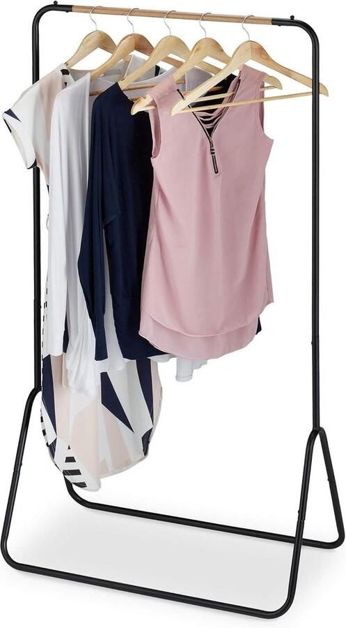 Kledingrek metaal open garderoberek kapstok zwart houtlook 145x80x44 cm Relaxdays