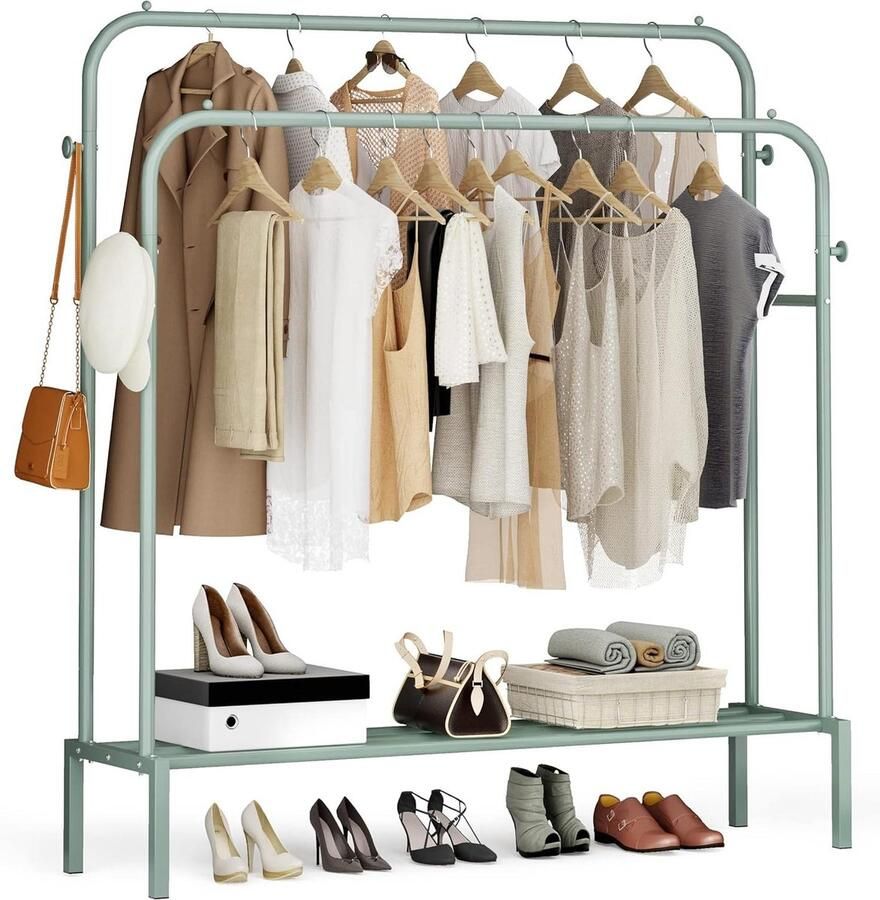 Kledingrek Metalen Dubbele Stang 111x141.5cm Grote Vrijstaand Bodemplanken 4 Haken Multifunctioneel Clothes Rack Slaapkamer Woonkamer Groen Kledingrek