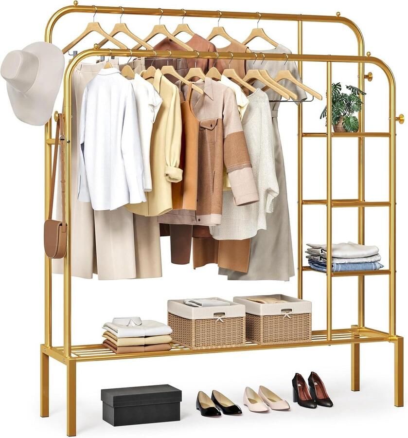Kledingrek Metalen met Dubbele Stang 126x158cm Vrijstaand Kledingrek Bodemplank aan de Zijkant 4-Haken 3 Planken Multifunctionele Kledingrek ClothesRack Slaapkamer Goud Kledingrek