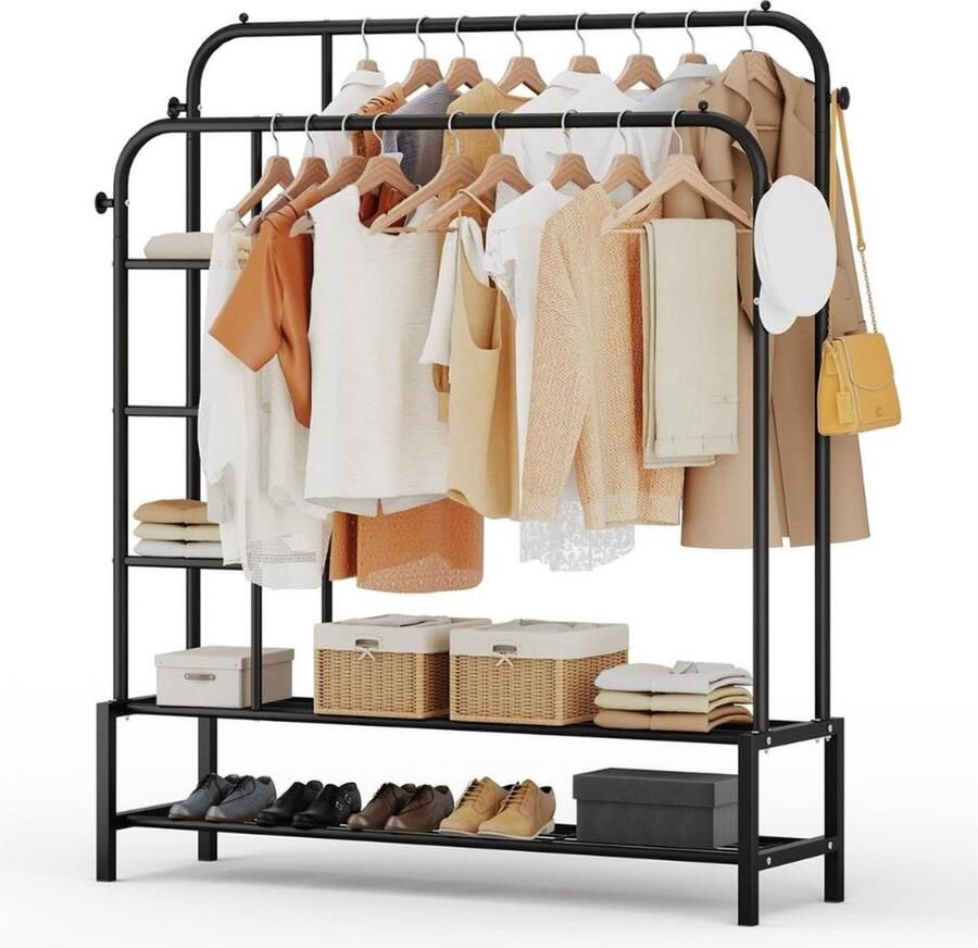 Kledingrek multifunctionele kapstok van metaal met 3 lagen zijplanken 2 lagen vloerplanken en 4 haken geschikt voor kleding tassen en schoenen - Foto 2