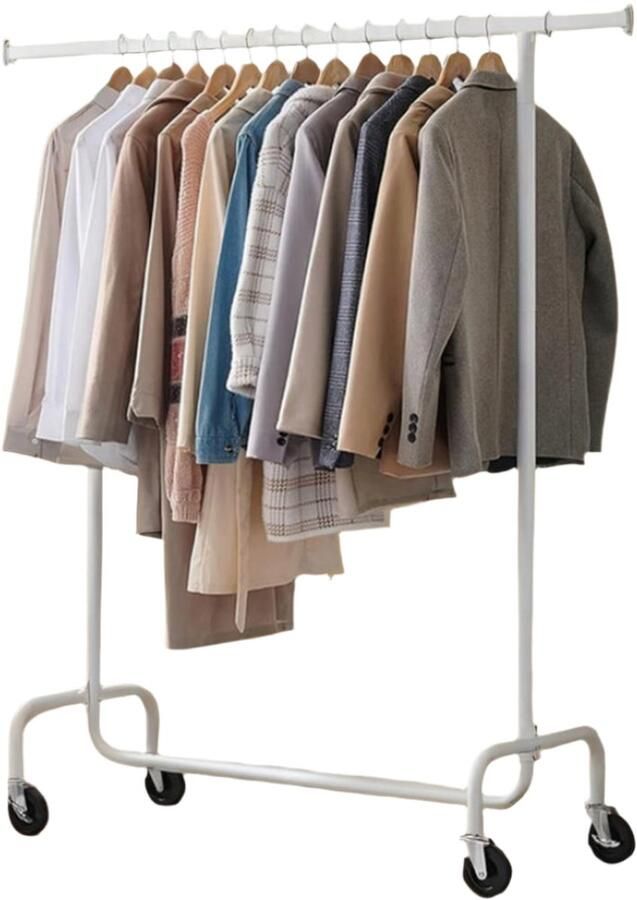 Kledingrek op rollen garderobe -standaard uittrekbare kledingrail max 130 kg capaciteit 45x (110-150) x160 cm mat matt wit staal