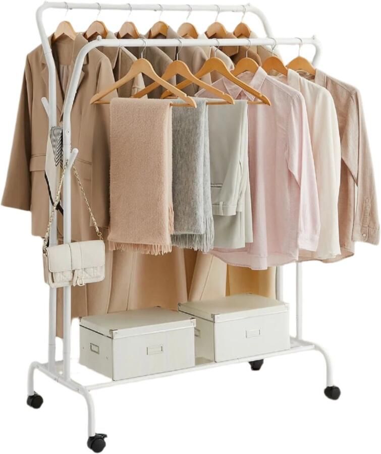 Kledingrek op rollen kledingstokken mantelroomstaaf staal 100 kg capaciteit 52 5x103.5x155cm wit