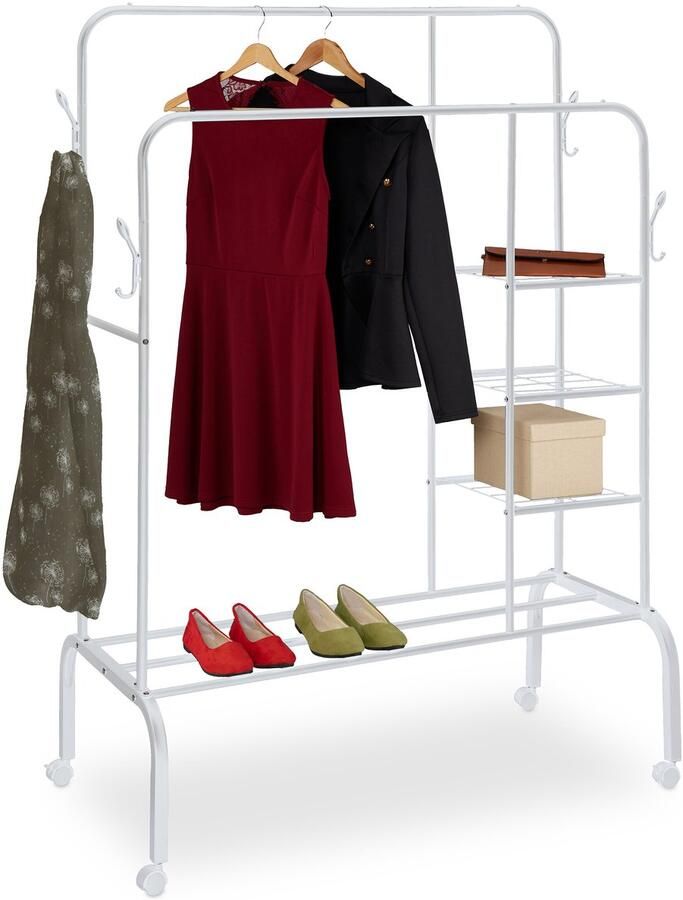 Kledingrek op wielen 154x110x55 cm met planken dubbel wit